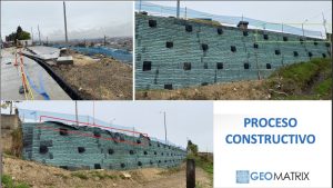 Construcción de muro con geomalla verde en terreno montañoso
