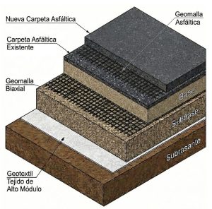 Esquema capas construcción carretera asfáltica con geomalla
