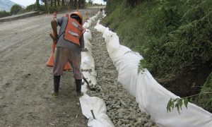 Trabajador colocando sacos blancos junto a carretera de montaña