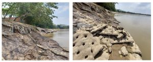 Erosión fluvial en orillas de río con acantilados de tierra
